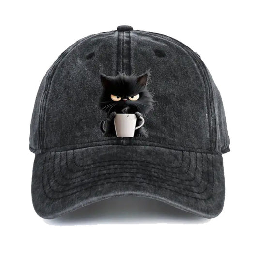 Black Washed Cotton Baseball Cap with Cat Print - Spring/Summer Casual Adjustable Unisex Couple Sun Hat V888-ELOSUNG42368