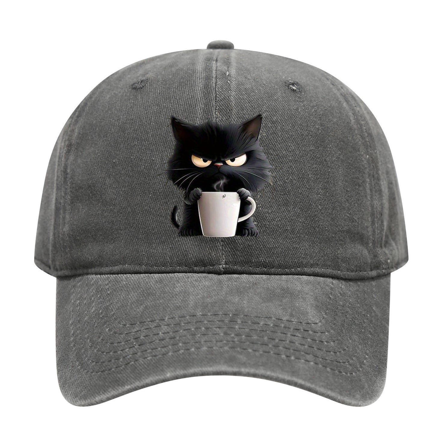 Grey Washed Cotton Baseball Cap with Cat Print - Spring/Summer Casual Adjustable Unisex Couple Sun Hat V888-ELOSUNG42369
