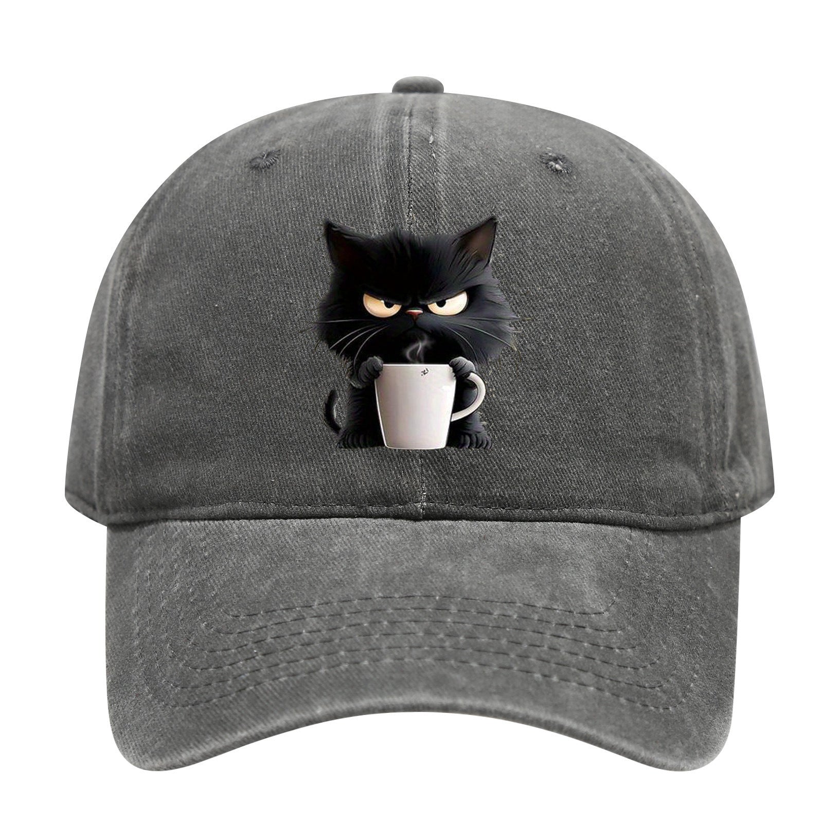 Grey Washed Cotton Baseball Cap with Cat Print - Spring/Summer Casual Adjustable Unisex Couple Sun Hat V888-ELOSUNG42369