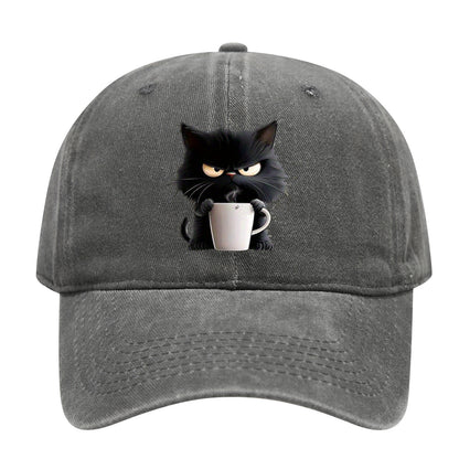 Grey Washed Cotton Baseball Cap with Cat Print - Spring/Summer Casual Adjustable Unisex Couple Sun Hat V888-ELOSUNG42369