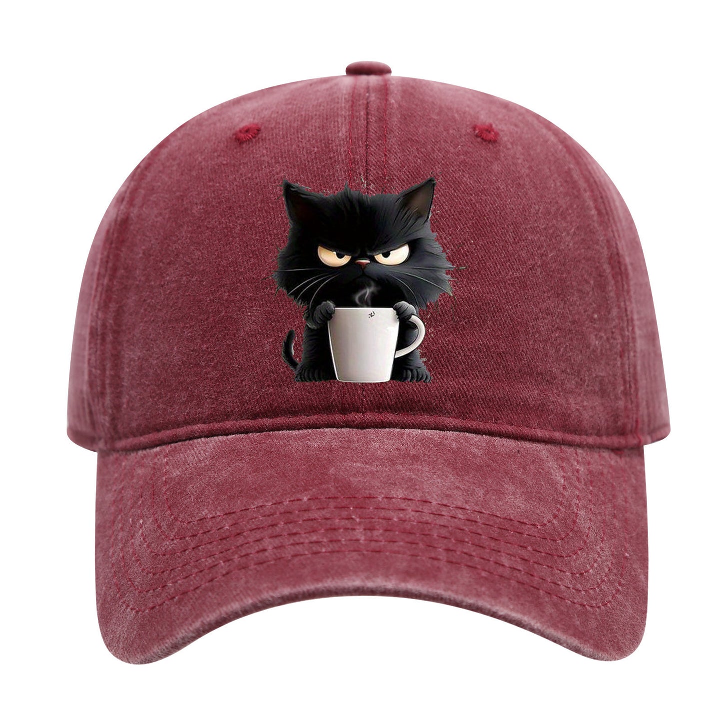 Red Washed Cotton Baseball Cap with Cat Print - Spring/Summer Casual Adjustable Unisex Couple Sun Hat V888-ELOSUNG42370