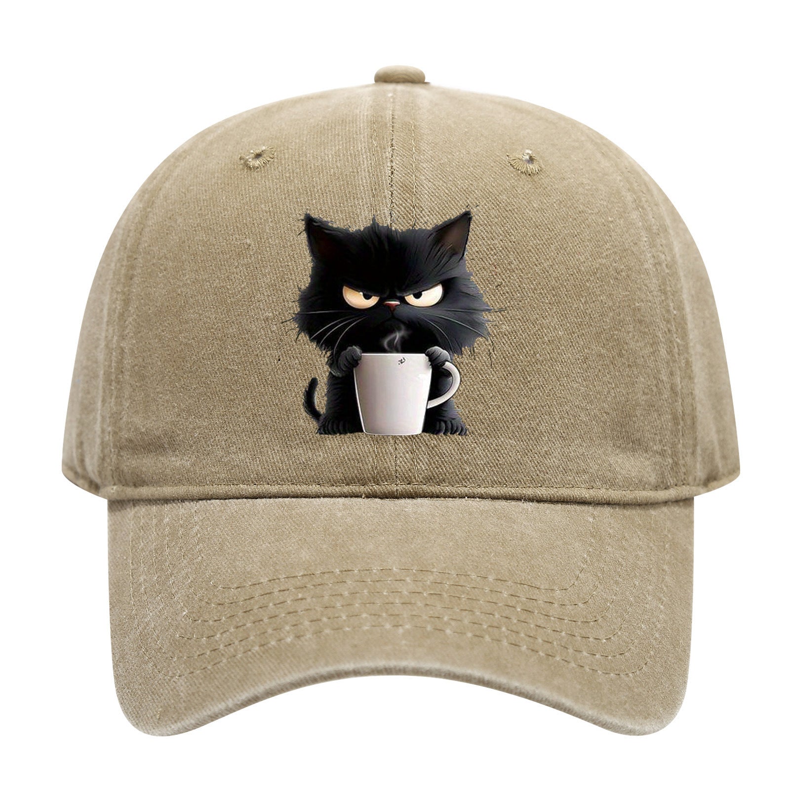 Khaki Washed Cotton Baseball Cap with Cat Print - Spring/Summer Casual Adjustable Unisex Couple Sun Hat V888-ELOSUNG42371