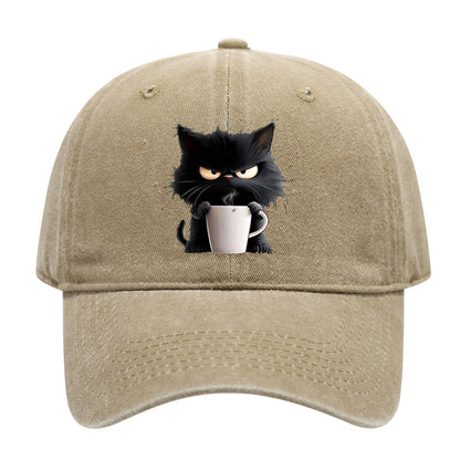 Khaki Washed Cotton Baseball Cap with Cat Print - Spring/Summer Casual Adjustable Unisex Couple Sun Hat V888-ELOSUNG42371