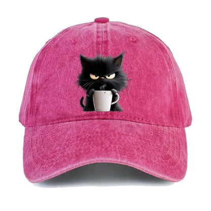 Pink Washed Cotton Baseball Cap with Cat Print - Spring/Summer Casual Adjustable Unisex Couple Sun Hat V888-ELOSUNG42372