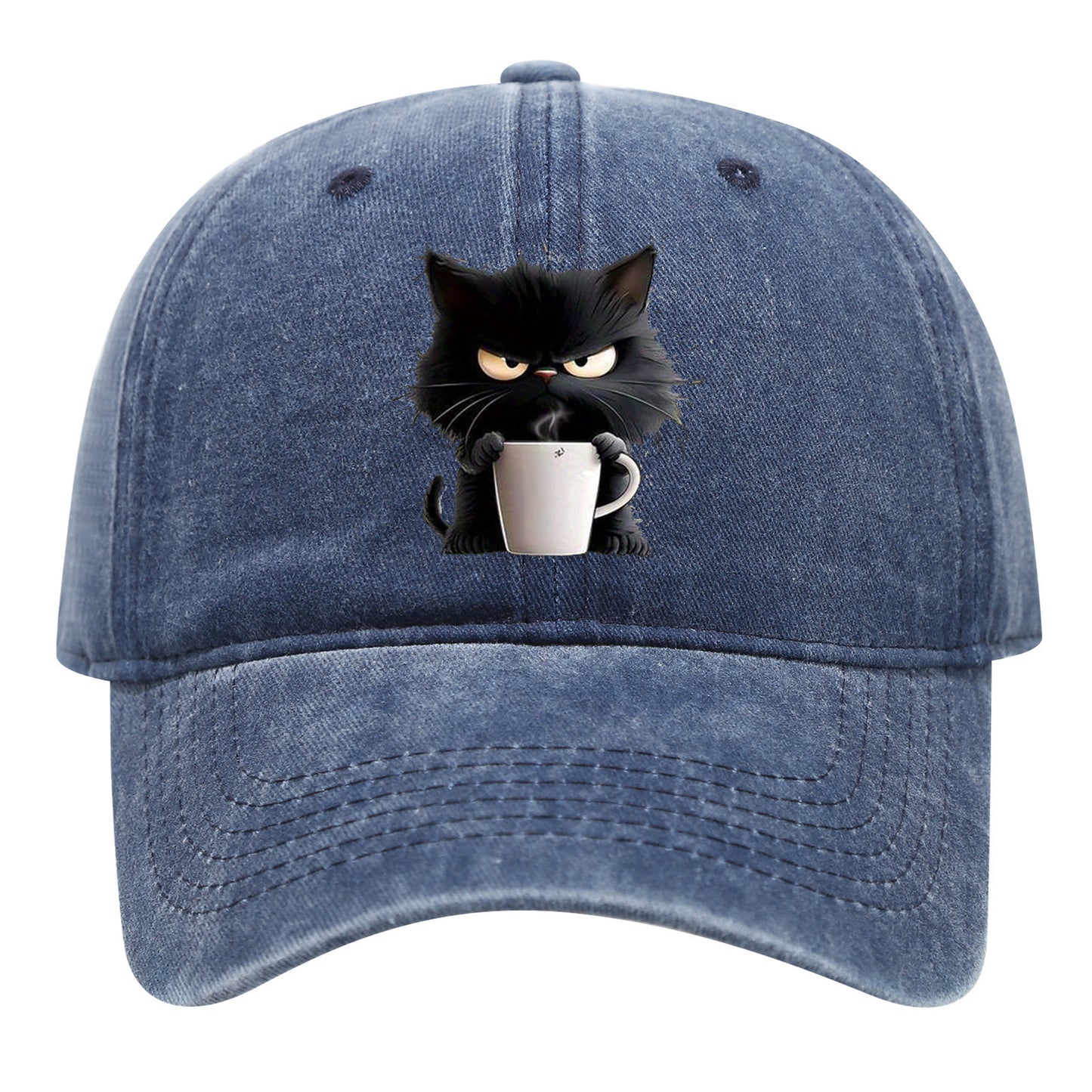 Blue Washed Cotton Baseball Cap with Cat Print - Spring/Summer Casual Adjustable Unisex Couple Sun Hat V888-ELOSUNG42373