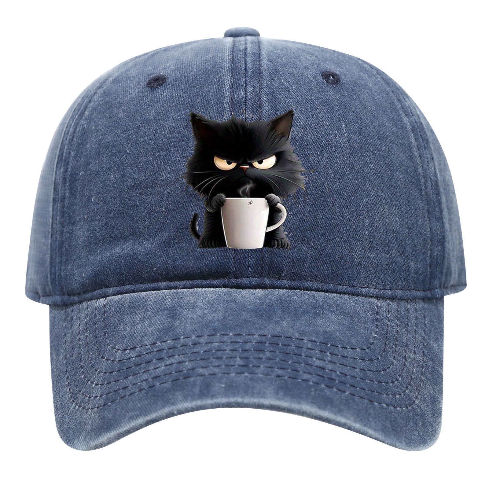 Blue Washed Cotton Baseball Cap with Cat Print - Spring/Summer Casual Adjustable Unisex Couple Sun Hat V888-ELOSUNG42373