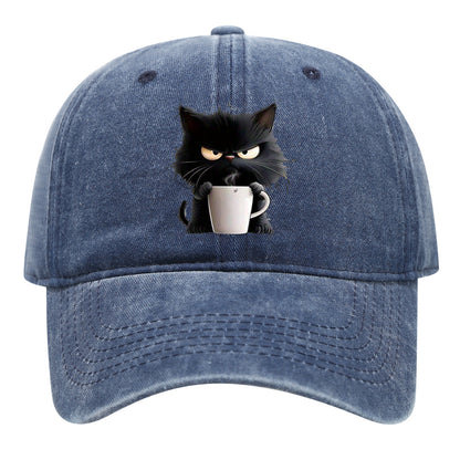 Blue Washed Cotton Baseball Cap with Cat Print - Spring/Summer Casual Adjustable Unisex Couple Sun Hat V888-ELOSUNG42373