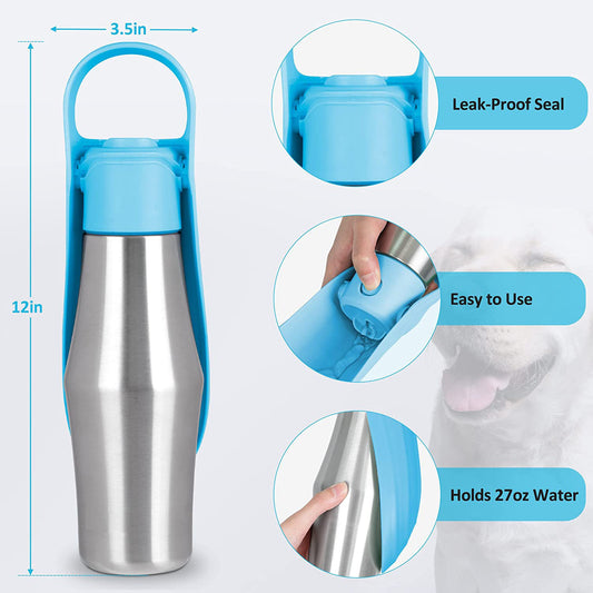 Black 27oz Food-Grade 304 Stainless Steel Pet Water Bottle - Portable Dog and Cat Travel Cup, Outdoor Feeder V888-ELOSUNG42396