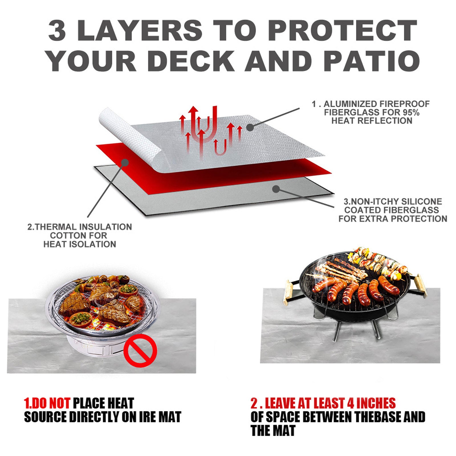 80x100 CM Outdoor Fire Pit Mat and Grill Pad - Up to 500 degrees C Resistant Square Deck Protector for V888-ELOSUNG42399
