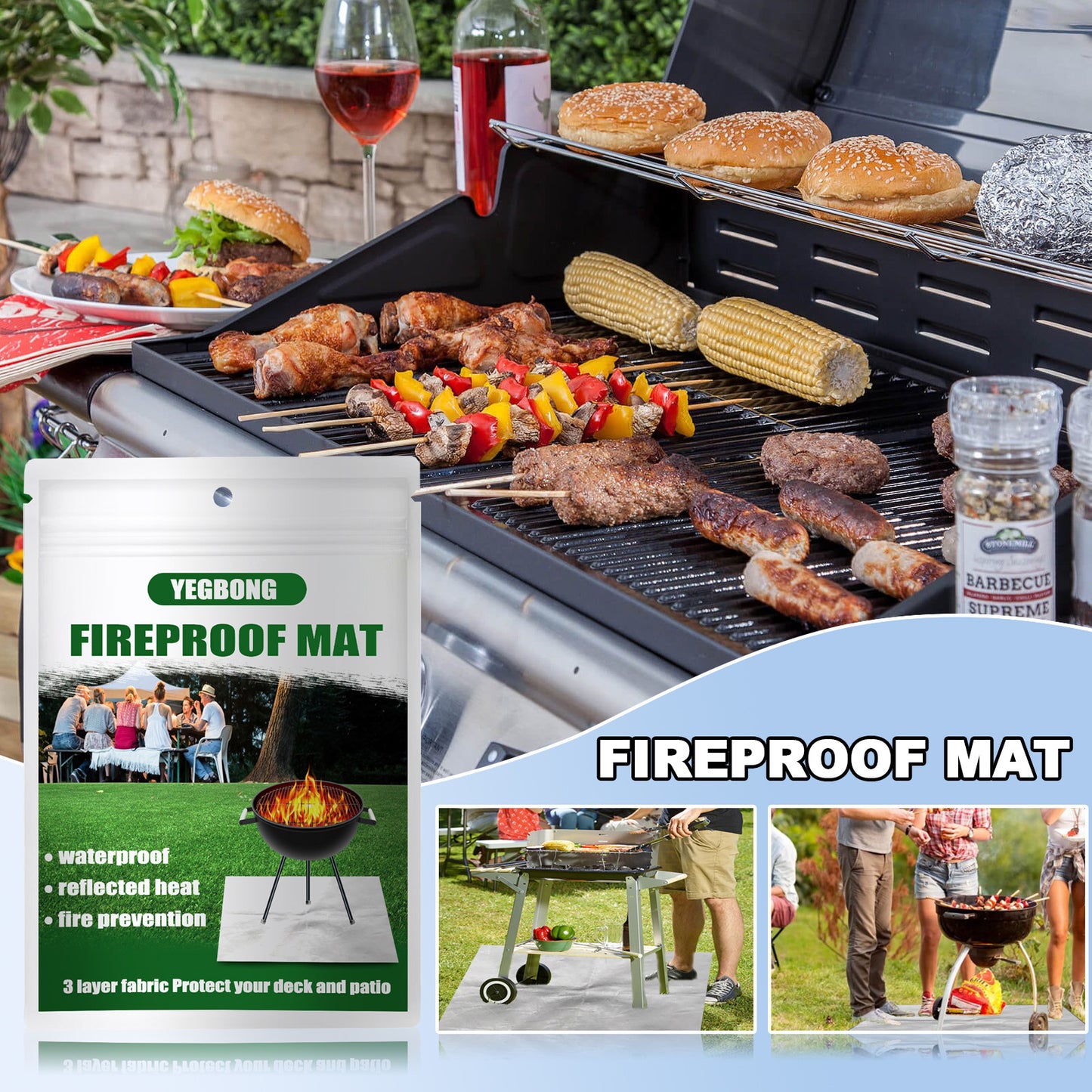 150x100 CM Outdoor Fire Pit Mat and Grill Pad - Up to 500 degrees C Resistant Square Deck Protector for V888-ELOSUNG42401