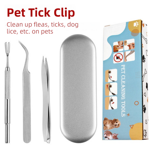 Stainless Steel Pet Tick Remover Tool Kit - Professional Fork, Double-Head Clip, and Curved Tweezers for Dogs V888-ELOSUNG42403