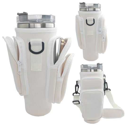40oz Beige Insulated Tumbler Carrier Sleeve with Adjustable Shoulder Strap - Neoprene Triple-Pocket Holder V888-ELOSUNG42413