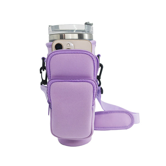 40oz Beige Insulated Tumbler Carrier Sleeve with Adjustable Shoulder Strap - Neoprene Triple-Pocket Holder V888-ELOSUNG42413