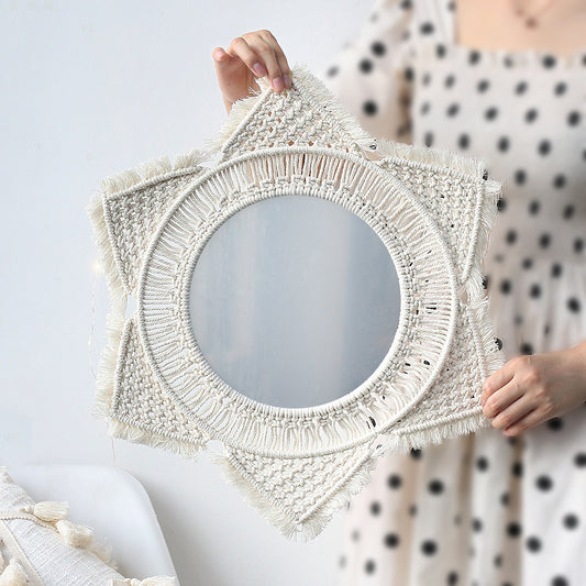 M0864 Bohemian Macrame Wall Hanging Mirror with Hand-Woven Petal Accents - Artistic Round Fringe Mirror for V888-ELOSUNG42439