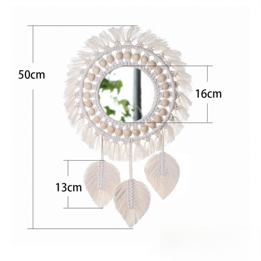 M0404 Bohemian Macrame Wall Hanging Mirror with Hand-Woven Petal Accents - Artistic Round Fringe Mirror for V888-ELOSUNG42440