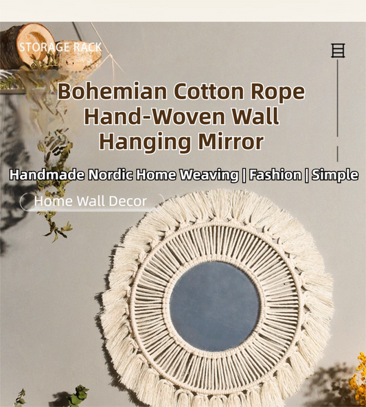 M0404 Bohemian Macrame Wall Hanging Mirror with Hand-Woven Petal Accents - Artistic Round Fringe Mirror for V888-ELOSUNG42440