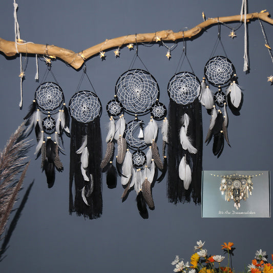 5-Piece Bohemian Handmade Dreamcatcher Wall Hanging Set (Black) - Nordic Style Feather Room Decor with V888-ELOSUNG42452