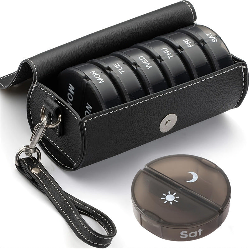 Portable 7-Day Weekly Travel Pill Organizer with Black PU Leather Pouch - 14 Black Compartments AM/PM V888-ELOSUNG42514