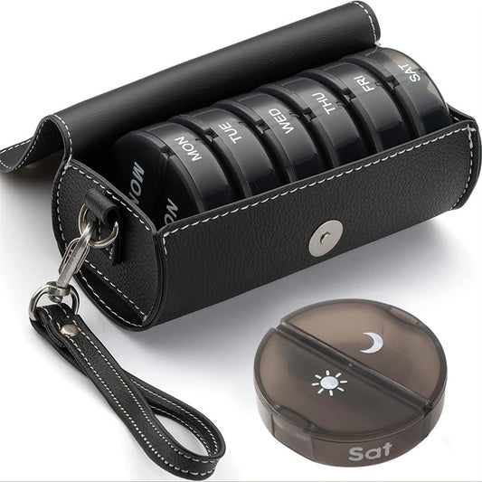 Portable 7-Day Weekly Travel Pill Organizer with Black PU Leather Pouch - 14 Black Compartments AM/PM V888-ELOSUNG42514