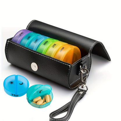 Portable 7-Day Weekly Travel Pill Organizer with Black PU Leather Pouch - 14 Black Compartments AM/PM V888-ELOSUNG42514