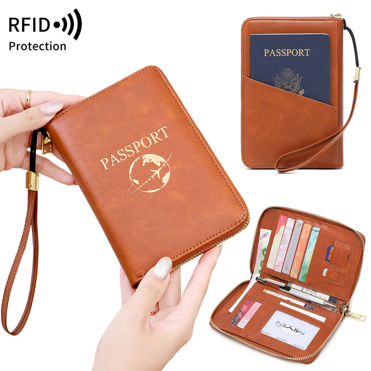Grey RFID Blocking Travel Passport Holder - Multi-functional Waterproof PU Leather Security Travel Wallet V888-ELOSUNG42576