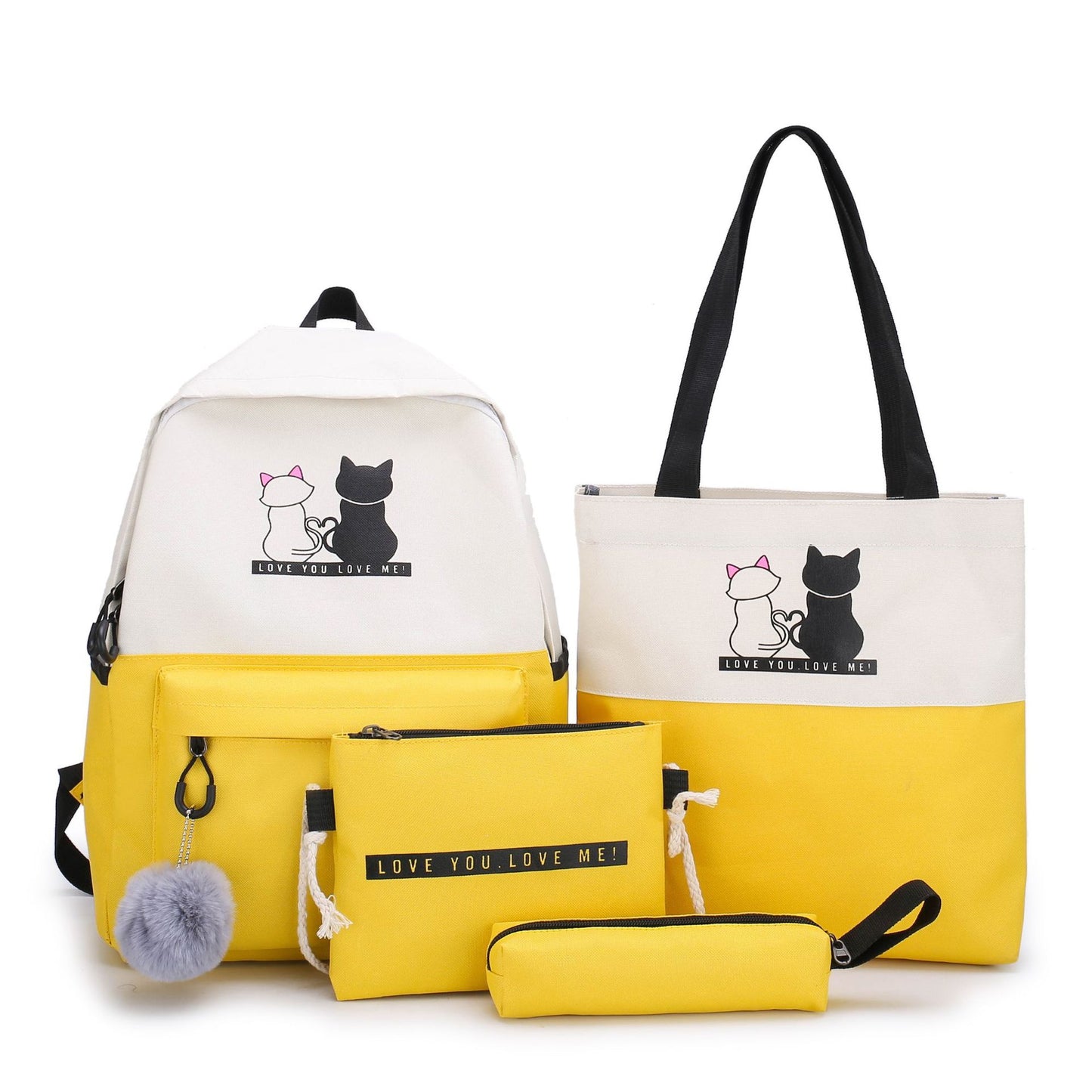 4-Piece Yellow Student Backpack Set with Cat Print - Durable Canvas School Bag Combo - Includes Backpack, V888-ELOSUNG42586