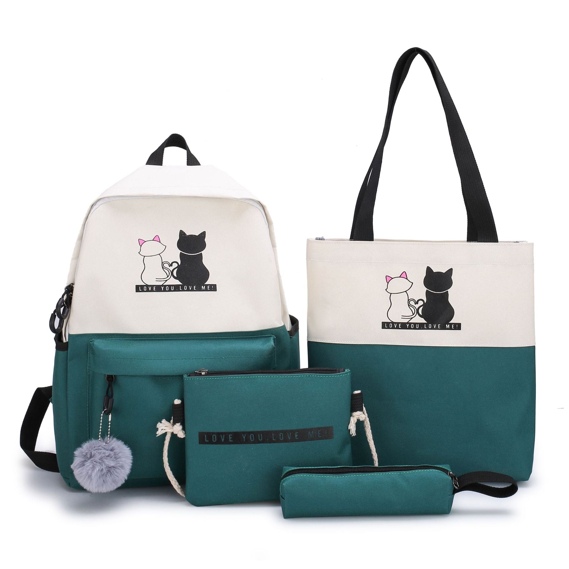 4-Piece Green Student Backpack Set with Cat Print - Durable Canvas School Bag Combo - Includes Backpack, Tote V888-ELOSUNG42587