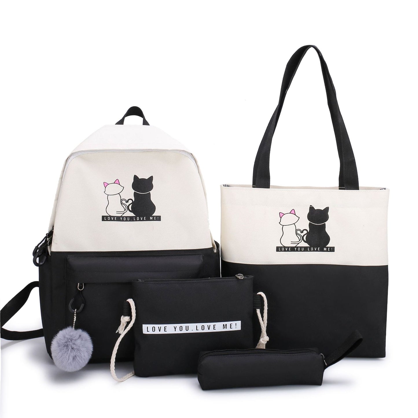 4-Piece Black Student Backpack Set with Cat Print - Durable Canvas School Bag Combo - Includes Backpack, Tote V888-ELOSUNG42588