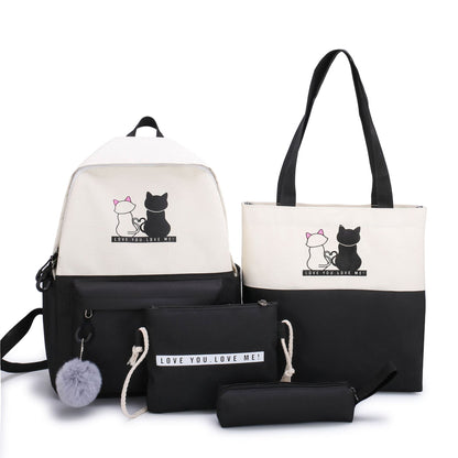 4-Piece Black Student Backpack Set with Cat Print - Durable Canvas School Bag Combo - Includes Backpack, Tote V888-ELOSUNG42588