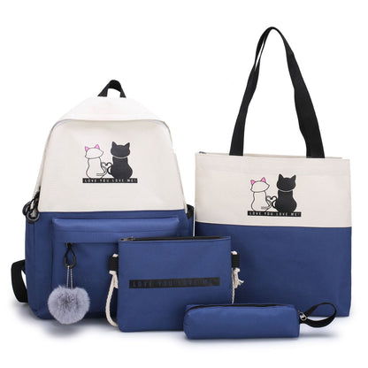 4-Piece Blue Student Backpack Set with Cat Print - Durable Canvas School Bag Combo - Includes Backpack, Tote V888-ELOSUNG42589