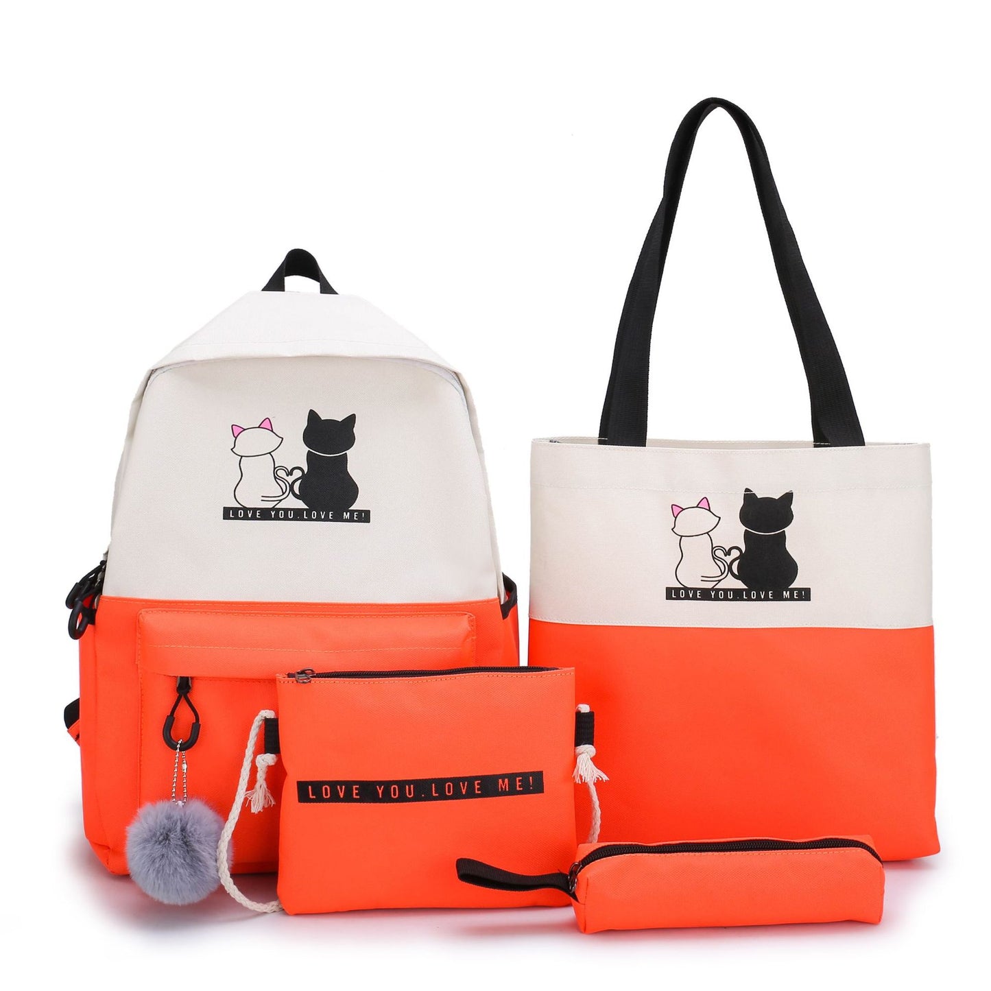 4-Piece Orange Student Backpack Set with Cat Print - Durable Canvas School Bag Combo - Includes Backpack, V888-ELOSUNG42590