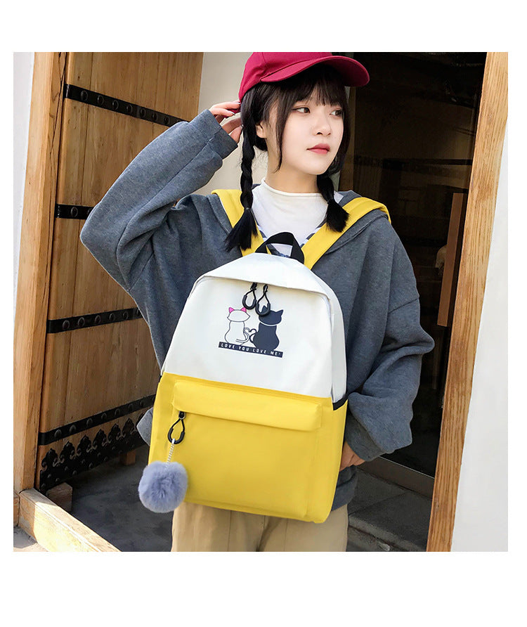 4-Piece Orange Student Backpack Set with Cat Print - Durable Canvas School Bag Combo - Includes Backpack, V888-ELOSUNG42590