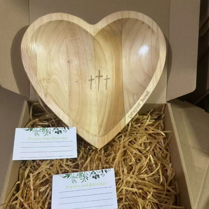 Solid Pine Wood Heart Prayer Bowl with 48 Prayer Cards - Handcrafted Gift for Communion & Home Decor V888-ELOSUNG42598