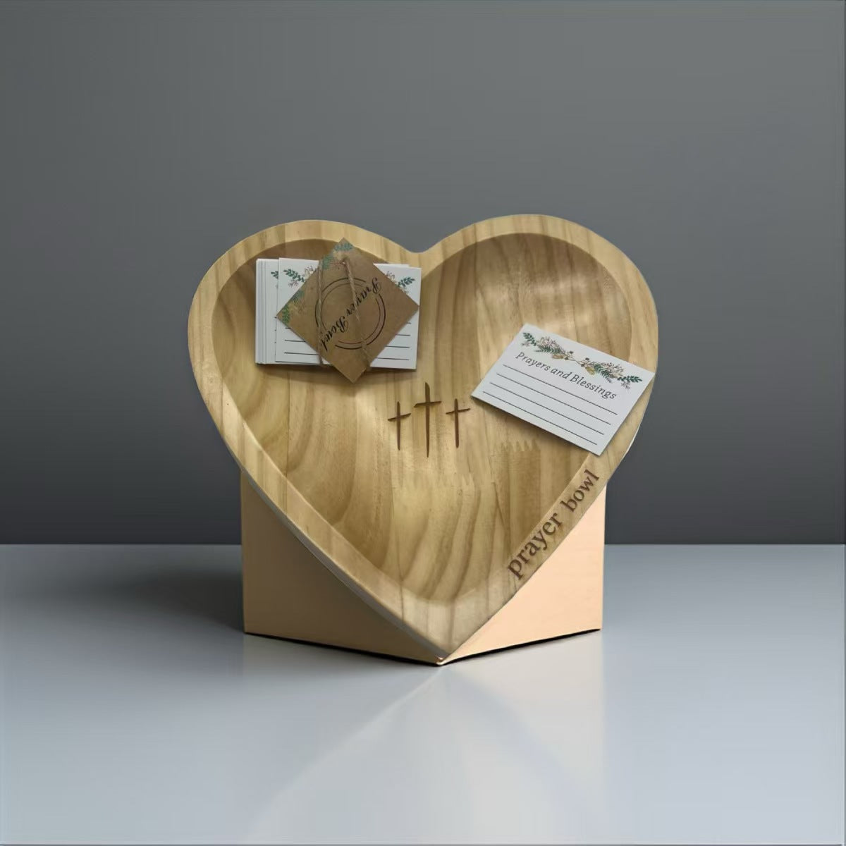 Solid Pine Wood Heart Prayer Bowl with 48 Prayer Cards - Handcrafted Gift for Communion & Home Decor V888-ELOSUNG42598