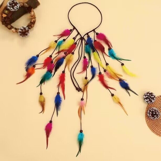 Bohemian Colorful Feather Headband - Ethnic Style Forehead Accessory & Hair Rope for Beach Vacations and V888-ELOSUNG42614