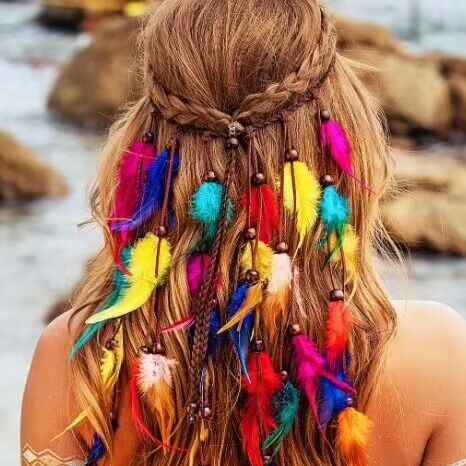 Bohemian Colorful Feather Headband - Ethnic Style Forehead Accessory & Hair Rope for Beach Vacations and V888-ELOSUNG42614