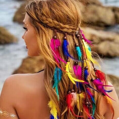 Bohemian Colorful Feather Headband - Ethnic Style Forehead Accessory & Hair Rope for Beach Vacations and V888-ELOSUNG42614
