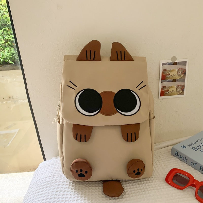 Khaki Lightweight Nylon Waterproof Schoolbag for Children - Large Capacity Daypack with Ugly-Cute Cat Design V888-ELOSUNG42617