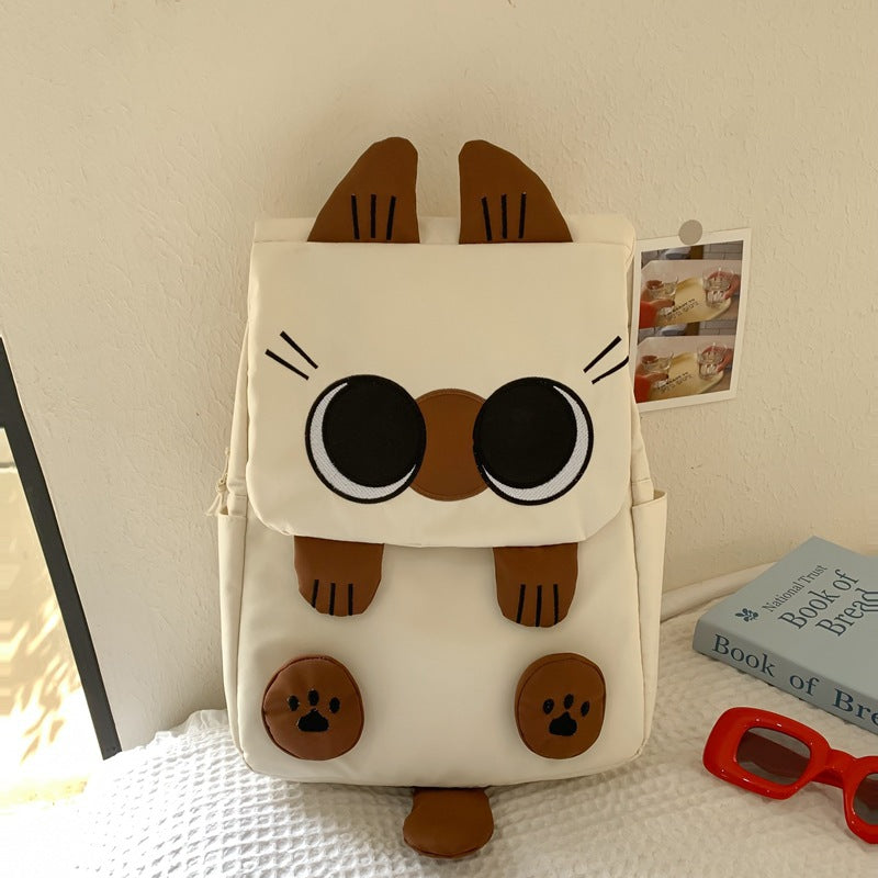 White Lightweight Nylon Waterproof Schoolbag for Children - Large Capacity Daypack with Ugly-Cute Cat Design V888-ELOSUNG42618