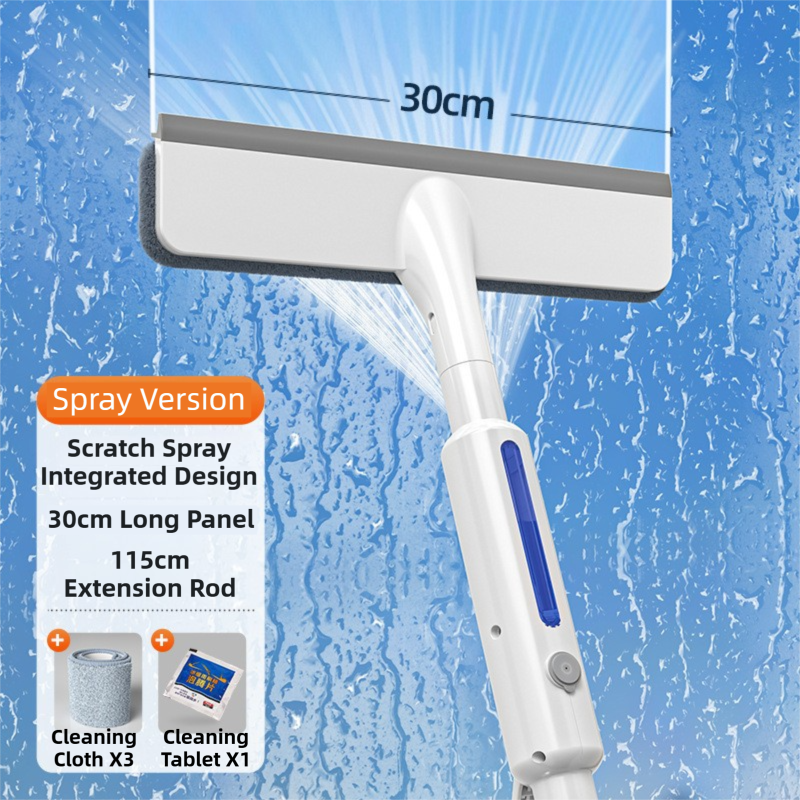 3-in-1 Spray Window Squeegee with 30cm Clean-Panel & 115cm Extension Pole - Multi-functional Spray, Scrub & V888-ELOSUNG42623