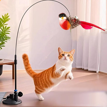 Interactive Self-Play Cat Wand with Suction Base - Automatic Bouncing Teaser Including Bell & 3 Bird V888-ELOSUNG42625