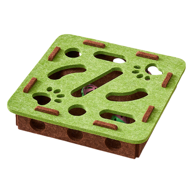 Green-Brown Felt Puzzle Square Shape Box Cat Toy with 2 Metal Bell Balls - Scratch-Resistant & Interactive V888-ELOSUNG42634
