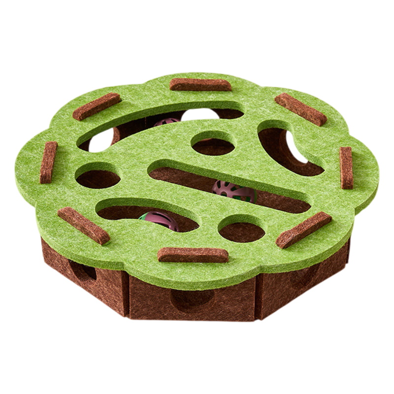 Green-Brown Felt Puzzle Flower Shape Box Cat Toy with 2 Metal Bell Balls - Scratch-Resistant & Interactive V888-ELOSUNG42635