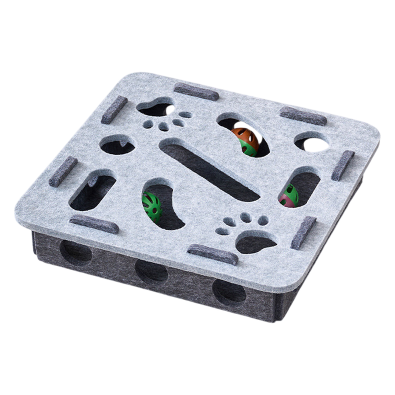 Grey Felt Puzzle Square Shape Box Cat Toy with 2 Metal Bell Balls - Scratch-Resistant & Interactive V888-ELOSUNG42636