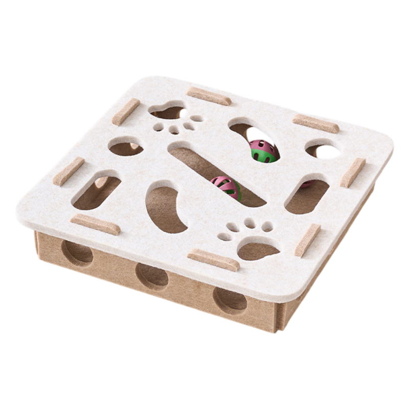White Felt Puzzle Square Shape Box Cat Toy with 2 Metal Bell Balls - Scratch-Resistant & Interactive V888-ELOSUNG42638