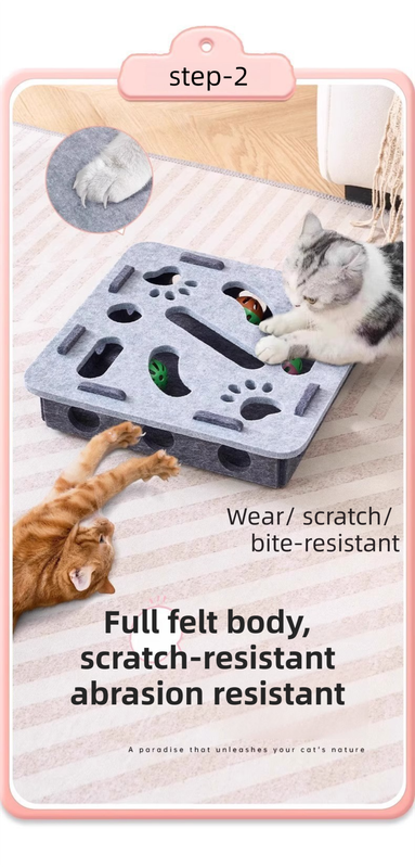 White Felt Puzzle Square Shape Box Cat Toy with 2 Metal Bell Balls - Scratch-Resistant & Interactive V888-ELOSUNG42638