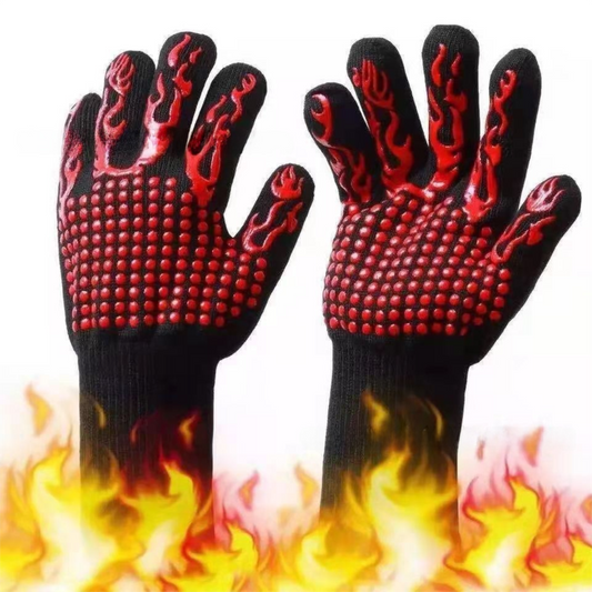 One Pair Red Extreme Heat Resistant BBQ Gloves (800 degrees C/1472 degrees F) - Non-Slip Silicone Coated V888-ELOSUNG42647