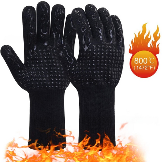One Pair Black Extreme Heat Resistant BBQ Gloves (800 degrees C/1472 degrees F) - Non-Slip Silicone Coated V888-ELOSUNG42649