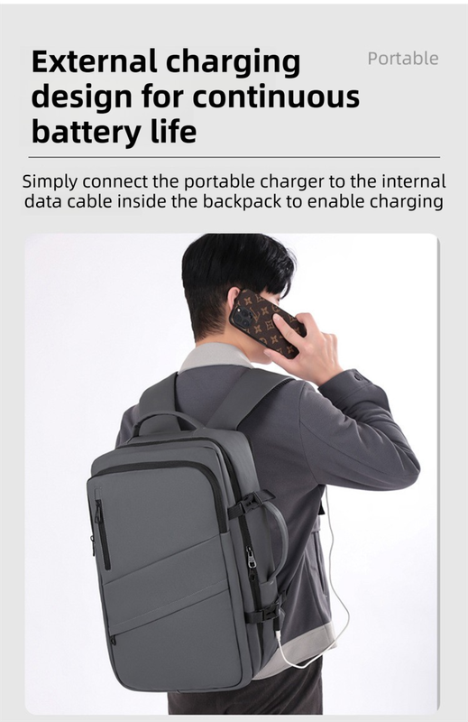 Grey Premium Business Expandable Travel Backpack with External USB Charging - 20-35L Large-Capacity & V888-ELOSUNG42721