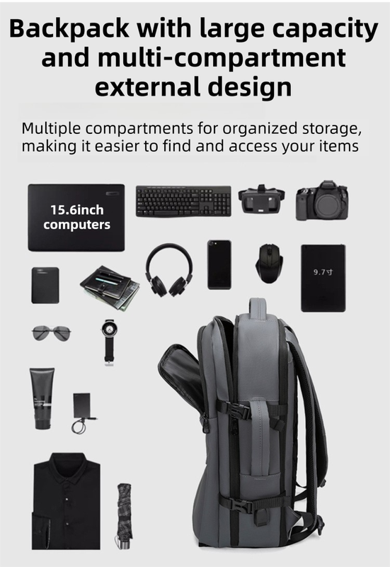 Grey Premium Business Expandable Travel Backpack with External USB Charging - 20-35L Large-Capacity & V888-ELOSUNG42721